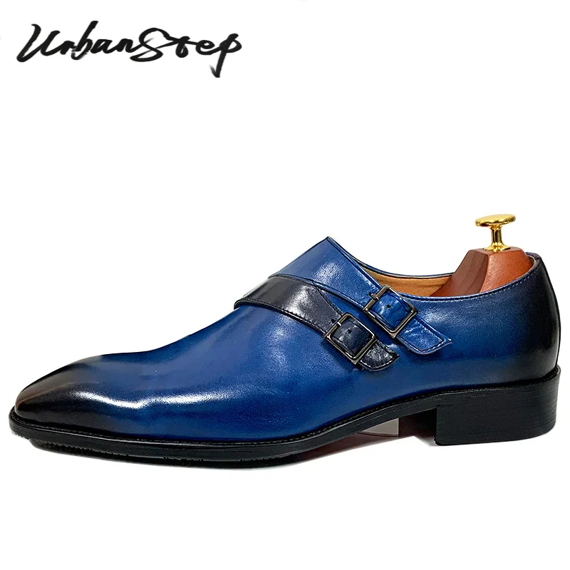  Men &#39;s Slip On Double Monk Strap Shoes Blue Blue Mens Dress Leather Shoes Offic - £152.64 GBP