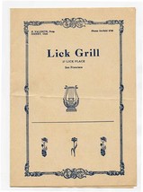 Lick Grill Menu Lick Place San Francisco California 1934 - £45.79 GBP