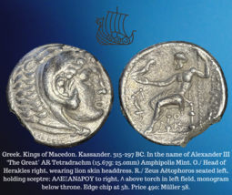 315-297 BC Grec Macedon King Kassander Alexander III The Grand Ar Tetradrachm - £237.34 GBP