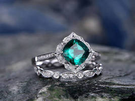 2ct Green Emerald Sterling Silver 14k White Gold Plated Bridal Ring Set - £66.21 GBP