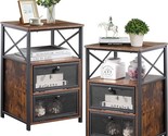 Nightstands Set Of 2, End Table With Flip Drawer And Modern X-Design, Ni... - $237.99