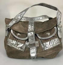 Tano Gray Crackly Leather Silver Patent Leather Straps Shoulder Bag Handbag - £37.90 GBP