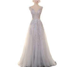 Kivary Silver Sheer A Line See Through Sash Backless Lace Formal Prom Evening Dr - £103.50 GBP
