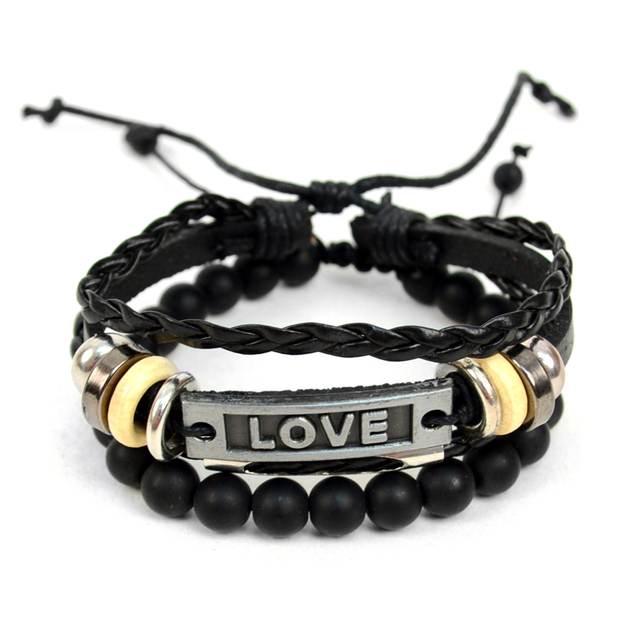 Genuine Leather & Natural Stone " Love " Two Pieces Bracelet Set for Men -