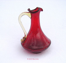 Pilgrim Red Crackle Glass Small Pitcher Pale Yellow Handle 4 3/4&quot; Vintage Vase - £7.98 GBP