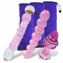 LeLuv Dildo and Butt Plug Pretty Pink 3 Toys Glass with Premium Padded Pouches - £35.53 GBP