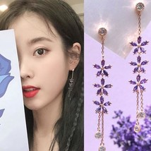 MENGJIQIAO New Korean TV Star Purple Flower Crystal Tassel Long Drop Earrings Fo - £7.64 GBP