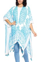 Boho Floral Mandala Tassels Kimono Wrap Sky Blue White - £22.86 GBP