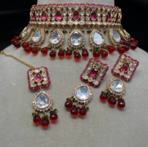 Bollywood Style 1 Gram Gold Plated Indian CZ Necklace Kundan Ruby Jewelry Set - £187.84 GBP
