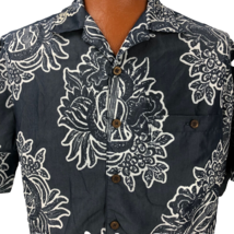 Caribbean Hawaiian Aloha Shirt M Gray White Ukulele Floral Lei Leaves - £31.96 GBP