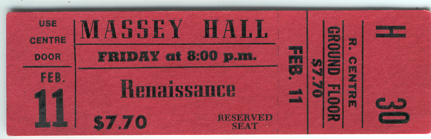 RENAISSANCE 1977 Rare Toronto Massey Hall Full Ticket Stub Progressive Rock - $18.95