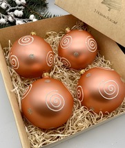 Set of 4 bronze Christmas glass balls, hand painted ornaments with gifte... - £44.96 GBP
