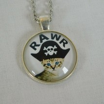 Pirate Cat Hat Skull Crossbone Silver Tone Cabochon Pendant Chain Necklace Round - £2.40 GBP