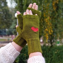 Knit Fingerless Gloves Women Merino wool Warm Mittens Green With Red Heart - $29.39