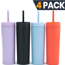 Skinny Tumblers (4 pack) Matte Colored Acrylic Tumblers with Lids and Straws - £23.59 GBP