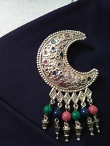 Vintage Goldtone Pin Brooch Filigree Cresent Multi Color W/ Dangling Multi Beads - $36.00