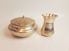1960s Sugar Bowl Anodized Aluminum Gold Canister &amp; Vase Holder Lot of 2 ... - $13.72