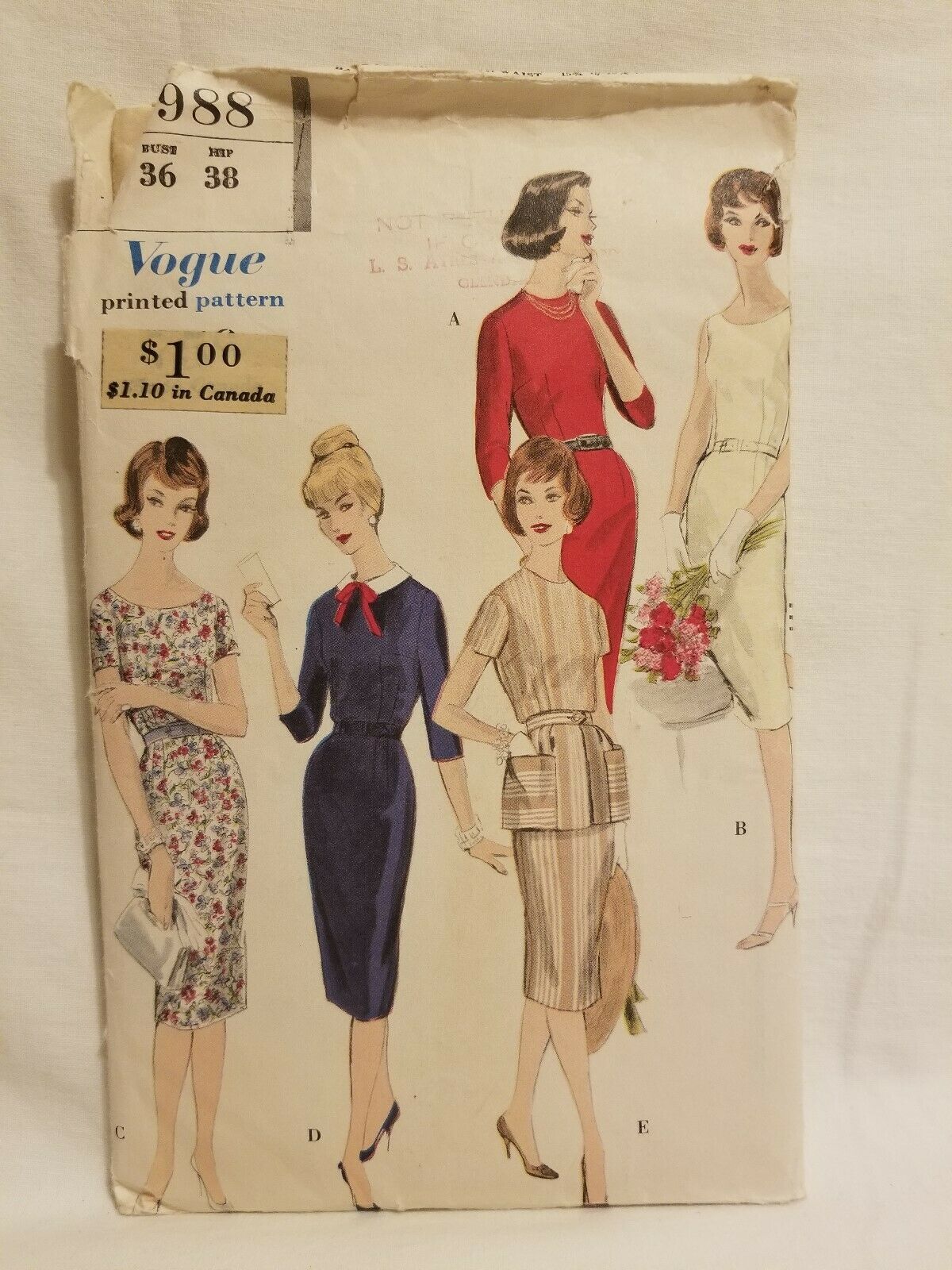 Vogue 9294 SEWING PATTERN Vintage 1960's Fitted Dress 5 Variations & 2pc AS IS - $12.86