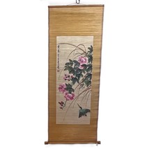 Asian Bamboo Scroll Hummingbird Hibiscus Hand Painted 34.5x13” 1960s Mid... - £19.42 GBP