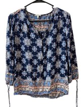Lucky Brand Boho Top Womens Size S Long Sleeved Blue White Pink Button Front - £10.24 GBP