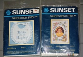 Sunset Counted Cross Stitch Kit Baby Bib and Frame New Sealed 1982 Lot of 2 - $15.00
