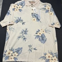 Paradise Blue Men LG NWT Polo Short Sleeves Beige W/￼Blue Leaf Tropical Print - £19.88 GBP