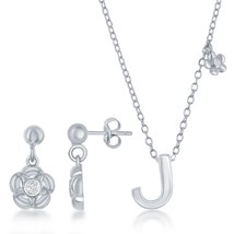 Sterling Silver Shiny &quot;J&quot; with Tiny CZ Flower Necklace and Earrings Set - £59.44 GBP
