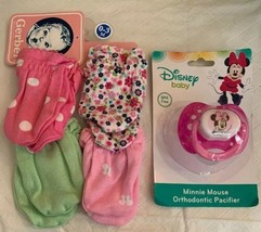 Disney Baby Pink Minnie Mouse Pacifier &amp; Gerber 4 Pack Girl Mittens 0-3M... - £7.98 GBP
