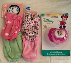 Disney Baby Pink Minnie Mouse Pacifier &amp; Gerber 4 Pack Girl Mittens 0-3M... - £7.86 GBP