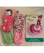 Disney Baby Pink Minnie Mouse Pacifier &amp; Gerber 4 Pack Girl Mittens 0-3M... - £7.85 GBP