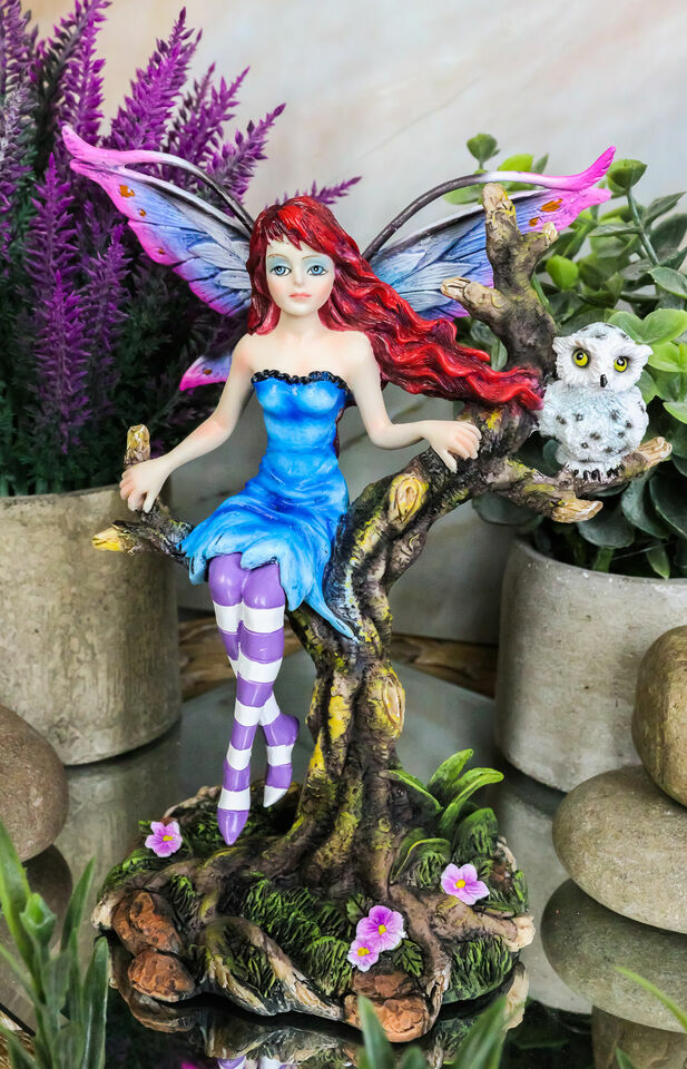 Blue Avatar Butterfly Fairy With Snow Owl Sitting On Magic Forest Tree F... - $57.99