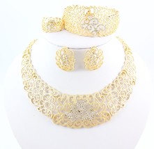 Vintage Hollow Crystal Flower Necklace Earrings Gold Color  African Dubai Weddin - £18.21 GBP