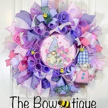 Handmade Spring Floral Bee Gnome Prelit Ribbon Wreath 22 in LED W1 - £66.88 GBP