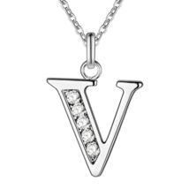 Initial Letter V with Crystals Pendant Necklace Sterling Silver - £7.39 GBP