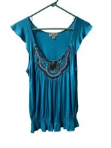 One World Womens Blue Tunic Top Size S Sequined Cap Sleeve - £12.58 GBP