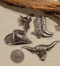 Western Texan Button Covers Set Boots Steer Cowboy Hat Saddle lapel pin Vintage - £15.14 GBP