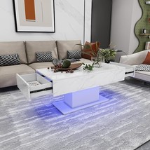 Led Coffee Table High Gloss Coffee Table With 2 Drawers, Marble Surface Modern C - £331.94 GBP