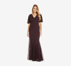 Adrianna Papell Night Plum Beaded Lattice Gown with Flutter Sleeves   6   $349 - £207.03 GBP