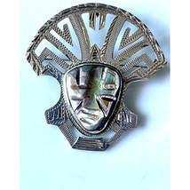 Large Taxco 925 Sterling Silver And Carved Abalone Aztec Mask BROOCH/PENDANT Sky - £61.75 GBP