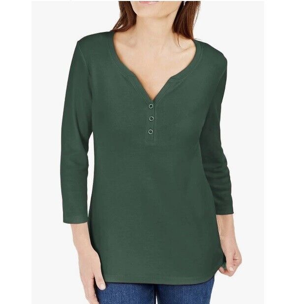 Karen Scott Womens M Spruce Night Green 3/4 Sleeves Henley Top NWT CH89 - $8.82