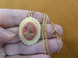 (CA30-18) RARE African American LADY pink + brown CAMEO brass Pendant necklace - £20.16 GBP