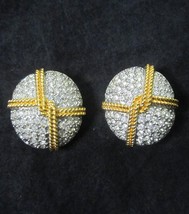 Swarovski Round Pave Crystals Gold Clip on Dome Earrings Swan Logo Vintage - £26.24 GBP