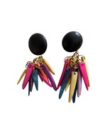 Vintage Hand Made Wooden Earrings Bohemian Colorful Dangle Pierced 4&quot; long - $34.19 CAD