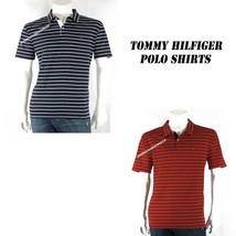 TOMMY HILFIGER NEW MEN&#39;S STRIPED WEAR OUT POLO SHIRT NAVY BLUE &amp; RED RET... - £20.66 GBP