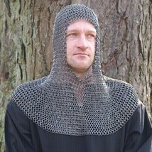 Round Riveted With Flat Warser Chain mail shirt 6 mm Medieval Coif X-Mas... - £118.89 GBP