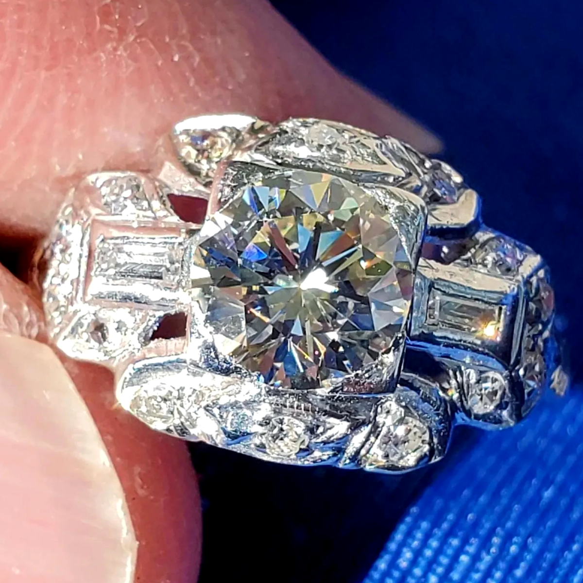 Earth mined Diamond Deco Engagement Ring 1.26 carat Vintage Platinum Sol... - $8,735.25