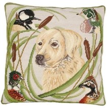 Throw Pillow Needlepoint Dog 18x18 Green Yellow Cotton Velvet Back Wool - £230.29 GBP