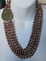 5 Strand Brown/Bronze Knotted Pearl Necklace W/925 Sterling Chinese Coin... - $544.50