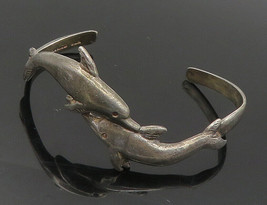 MEXICO 925 Sterling Silver - Vintage Oxidized Dolphins Cuff Bracelet - BT6986 - £63.03 GBP