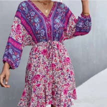 NEW! Beautiful Boho Style V Neck Purple Floral  Dress Gypsy Large Hippie... - £19.07 GBP